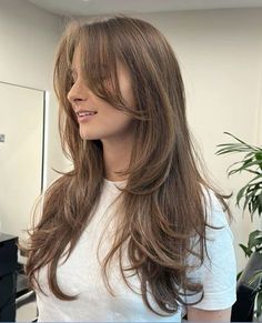 Box Layers With Face Framing, Long U Shaped Layers, Hair For Fall 2024, Wispy Layers Long Hair, Three Layer Haircut, Subtle Curtain Bangs Long Hair, Lairs Haircut, Front Framing Layers Long Hair, 2025 Hair Color