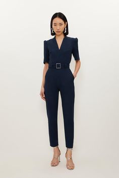 Forever Belted Notch Neck Tailored Jumpsuit Formal Jumpsuit With Sleeves, Business Professional Jumpsuit, Business Jumpsuits For Women, Executive Looks For Women, Feminine Business Attire, Cocktail Waitress Outfits, Navy Blue Jumpsuit Outfit, Navy Jumpsuit Outfit, Womens Jumpsuits Formal