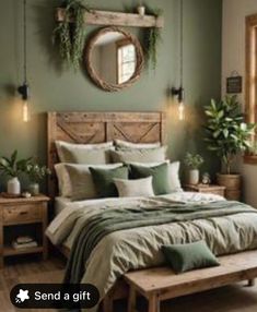 a bed room with a neatly made bed next to a window and potted plants