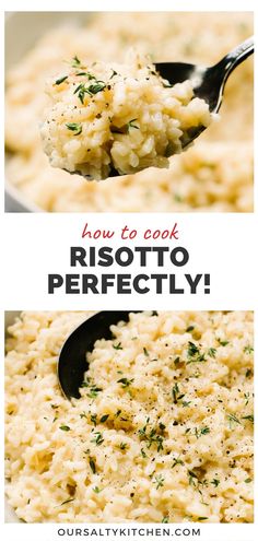 risotto in a white bowl with a spoon and the words how to cook risotto perfectly