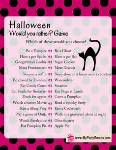 a pink poster with black polka dots and a cat on it that says halloween would you rather game?