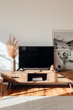 a living room with a large television on top of a wooden entertainment center next to a plant