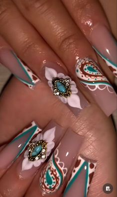 Ranchera Nails, Texas Themed Nails, Barro Nail Design, Purple Western Nails, Acrylic Nails Mexican, Texas Nails Designs, Vaquera Nails, Mexican Theme Nails, Mexican Acrylic Nails