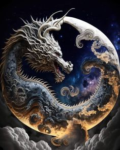 a dragon with its mouth open sitting on top of a moon in the night sky