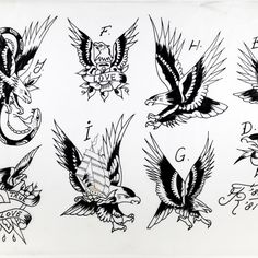 an old school tattoo flash sheet with eagle and ship tattoos on it's sides