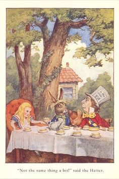 an image of alice and the rabbit eating tea