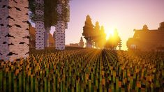 the sun is setting over an area with trees and bushes in it, which are made up of blocks