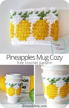 crocheted mug cozy with pineapples on it and coffee cup holder in the middle