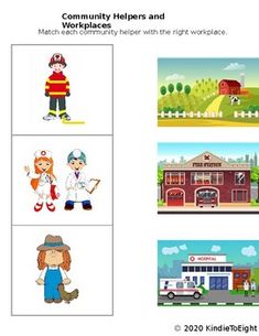 crossword puzzles for kids with pictures of firemen and ambulances, including the words community helpers and match each child's country