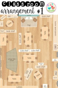 the classroom arrangement is shown with tables, chairs and bookshelves on top of it