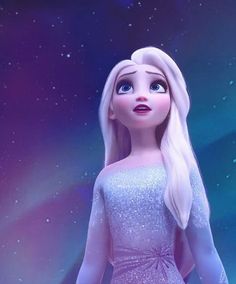 the frozen princess is standing in front of an aurora star filled sky with her long blonde hair