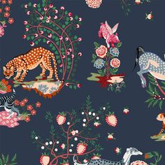 an animal themed wallpaper with flowers and animals