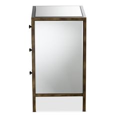 a mirrored cabinet with metal handles and knobs