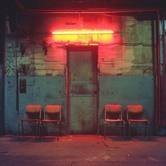 three chairs sitting in front of an open door with neon lights on the wall behind them