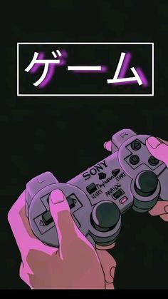 two hands holding video game controllers in front of a black background with japanese characters on it