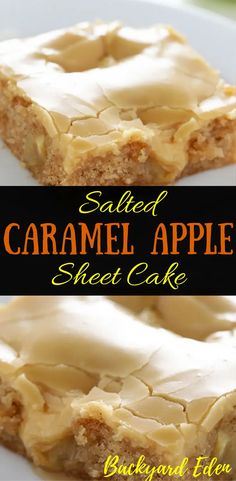 sliced caramel apple sheet cake on a white plate