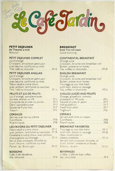 the menu for le cafe gardin is shown in red, green and yellow