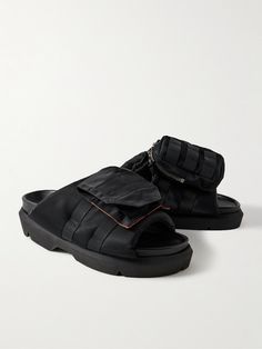 Sacai's slides showcase the brand's inventive, boundary-pushing spirit. Made in Japan from black shell, they're trimmed with durable webbing and have padded straps topped with an array of pockets and details inspired by utility bomber jackets. Mesh linings, moulded footbeds and chunky rubber soles provide comfort. Chunky Slides, Slides For Men, Men Slides, Outdoor Running, Bomber Jackets, Strap Tops, Suede Jacket, Nike Running, Mr Porter