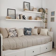 a living room with a couch and some bookshelves on the wall above it