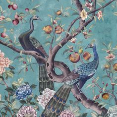 a painting of two peacocks sitting on a tree branch with flowers and fruit in the background