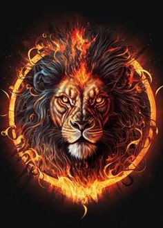 a lion's head with flames in the background