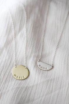 solid gold name necklace / round mommy necklace / personalized gold pendant / kids names necklace Minimalist Everyday Name Necklace With Round Pendant, Simple Personalized Round Pendant Necklace, Minimalist Custom Name Charm Necklaces With Round Pendant, Minimalist Round Disc Charm Necklace For Mom, Personalized Round Pendant Name Necklace, Dainty Round Sterling Silver Name Necklace, Dainty Sterling Silver Name Necklace, Minimalist Personalized Circle Necklace, Minimalist Round Custom Name Necklace