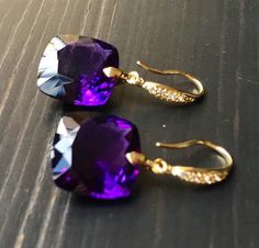 Purple Amethyst earrings. Ultra violet. Gold Pave earrings. Statement jewelry.  February birthday Amethyst Earrings Gold, Purple Amethyst Earrings, Pave Earrings, February Birthday, Purple Stones, Amethyst Earrings, Earrings Statement, Green Amethyst, Purple Amethyst