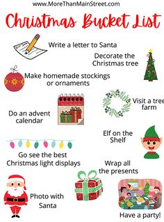 christmas bucket list with pictures and words to help kids learn how to write the letter