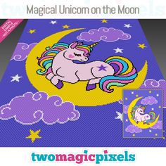 a cross stitch unicorn on the moon with stars and clouds