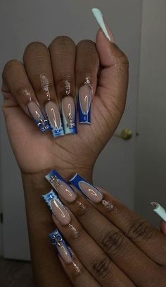 Blue Acrylic Nails Black Women, Blue Birthday Nails Acrylic, B2s Nails, Blue Nails With Charms, Y2k Blue Nails, Blue Nails Y2k, Nails With Charms Y2k, Y2k Nails Blue, Nail Ideas With Charms