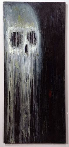 an abstract painting with white and black colors on the wall, depicting two eyes in front of a dark background