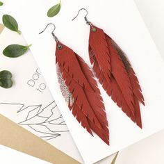 Red Leather Feather Earrings Red Boho Earrings Leather Accessories Natural Leather Boho Dangle Drop Earrings Gift idea for friend Red Leather Jewelry For Gift, Red Leather Earrings For Gifts, Bohemian Leather Drop Earrings, Boho Leather Jewelry, Bohemian Leather Teardrop Earrings, Brown Feather Dangle Earrings, Festival Earrings, Red Boho, Boho Feathers