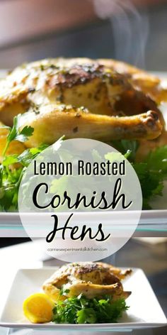 lemon roasted cornish hens on a white plate