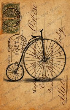 an old fashioned bicycle is shown with stamps on the back and front wheel, as well as some writing