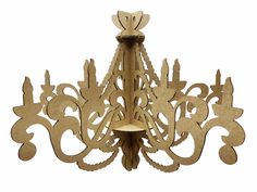 a wooden chandelier hanging from the ceiling with an intricate design on it's sides