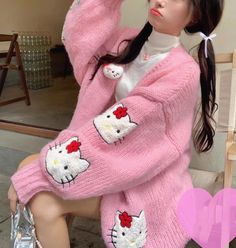 Frog Queen, Frog Sweater, Hello Kitty Sweater, Kitty Sweater, Girls Vibes, Aesthetic Sweaters, Kitty Clothes, Sweater Tshirt, Future Wardrobe