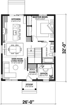 the floor plan for a small house with two bedroom and living room, as well as kitchen