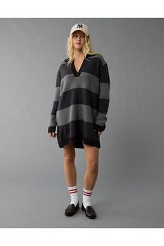 Mid-weight sweater knit/Collared with polo placket/Rugby stripes/Ribbed cuffs & hem Sweater Mini Dress, White Jeans Men, Collared Sweater, Athletic Fit Jeans, Dream Jeans, Graphic Tee Dress, Easy Costumes, Curvy Jeans, Loose Jeans