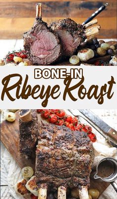 bone - in ribeye roast with roasted vegetables on the side