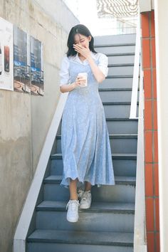 Aesthetic Frocks For Women, Summer Dresses Modest Casual, Blue Frocks For Women, Korean Frocks For Women, Modest Frocks, Summer Tops Modest, Outfits Black Women, Casual Frocks