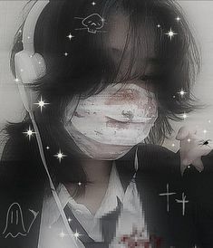 a woman with headphones on her face and stars in the sky around her eyes