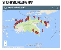 a map with red dots on it that shows the location of several locations in st john snorkeling spots