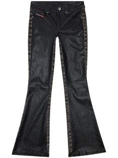 black lambskin low-rise belt loops front button and zip fastening classic five pockets contrasting panel detail flared Black Flare Pants With Belt Loops, Black Flare Leather Pants For Fall, Chic Black Flare Trousers, Chic Black Leather Jeans, Diesel Pants, Versace Outfit, Flared Trousers, City Dress, Bell Bottom Pants