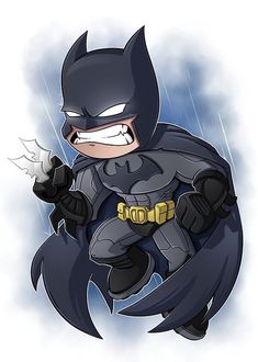 a cartoon character dressed as batman with his hands in the air