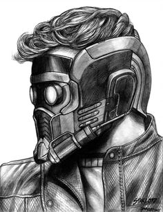 a pencil drawing of a man with a helmet on his head and hair in the air