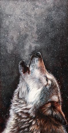 a painting of a wolf's head with its eyes closed and his mouth open