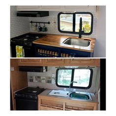 the kitchen and living area of a mobile home are shown in two different pictures, one is empty