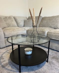 a glass coffee table sitting on top of a carpeted floor next to a couch