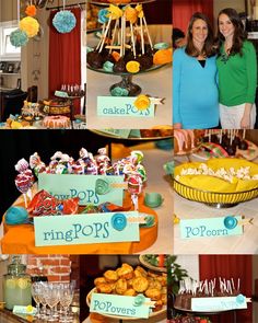 two women standing next to each other in front of desserts