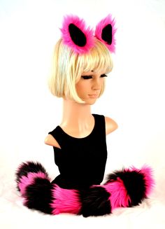 This kitty cat clip on pair of ears is made of bright pink faux fur. They are attached to the hair by a snap clip. The ears are approximately 3.5″ x 4″ from tip of fur to tip of fur. The inside black fleece of the ear is approximately 2″ wide by 3″ tall. They can ... Childrens Hats, Cat Tail, Top Band, Face Forward, Pink Faux Fur, Cat Ear, Snap Clips, Pink Cat, Black Fleece